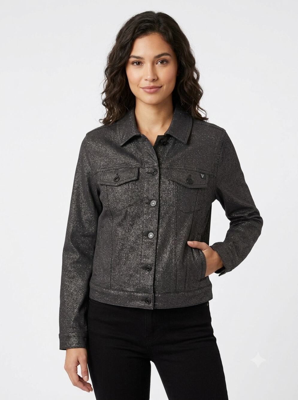 William Rast Trucker Jacket Women's XL Black Denim Sparkle Shimmer Long Sleeve